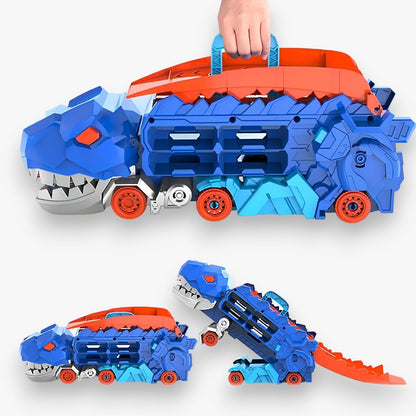 Blå dinosaur transformer legetøjslastbil med realistiske detaljer, foldbar til racerbane, perfekt til eventyrlige børnelege.