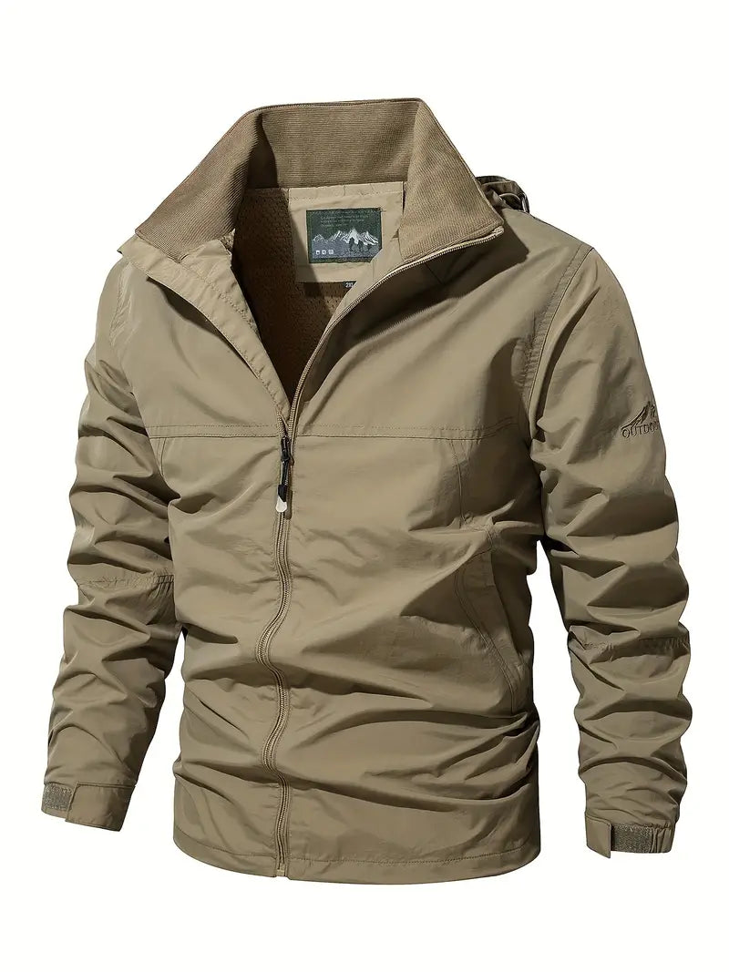 "Blå vandtæt og åndbar herrejakke til eventyr, set bagfra med langærmet design og aftagelig hætte, perfekt til udendørs"