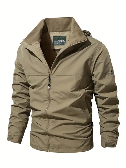 "Blå vandtæt og åndbar herrejakke til eventyr, set bagfra med langærmet design og aftagelig hætte, perfekt til udendørs"