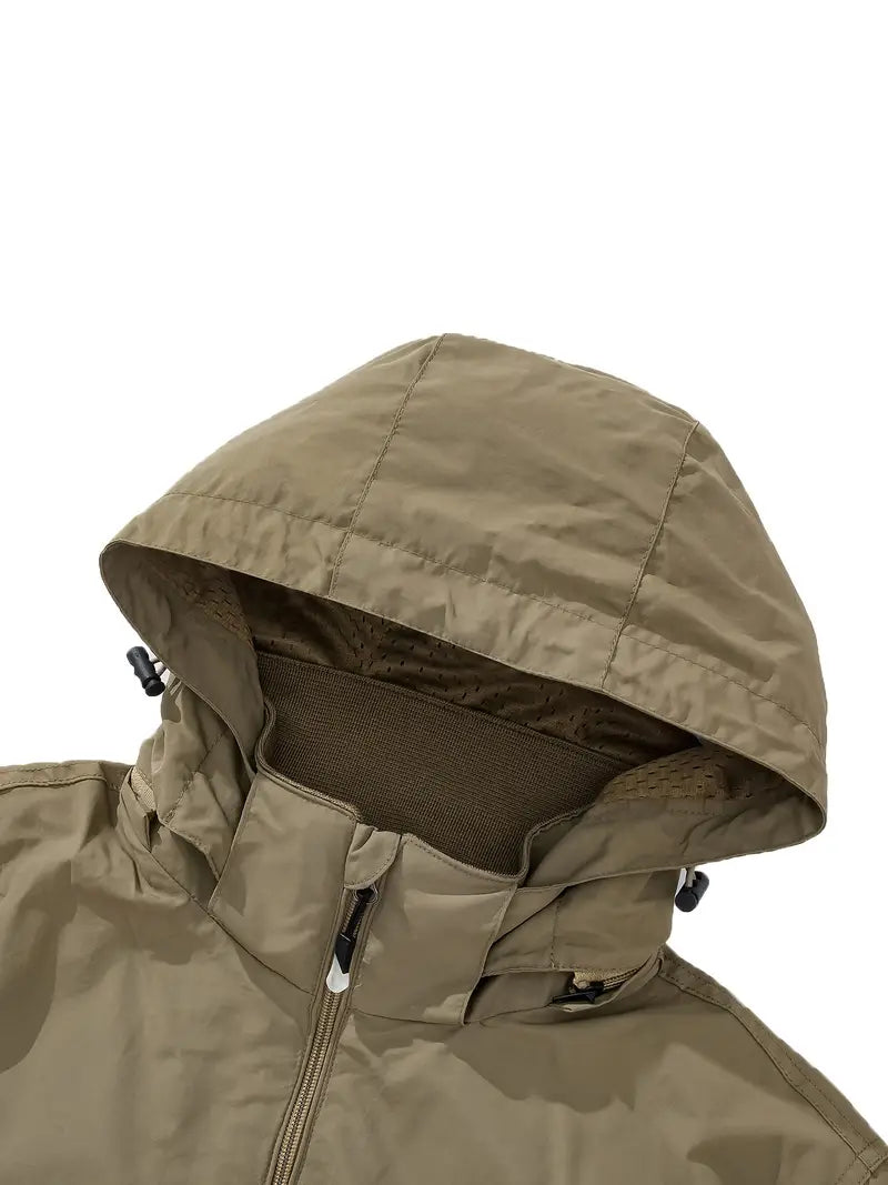 "Blå vandtæt og åndbar herrejakke til eventyr, set bagfra med langærmet design og aftagelig hætte, perfekt til udendørs"