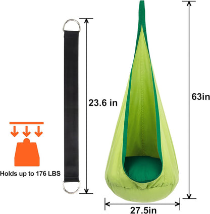"Blød, udendørs eventyrgynge til børn over 6, lavet af 100% bomuld, med puttepude og sikker fastgørelse, i grøn nuance."