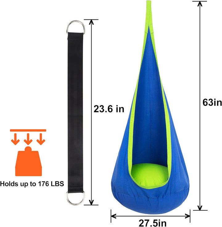 "Blød, udendørs eventyrgynge til børn over 6, lavet af 100% bomuld, med puttepude og sikker fastgørelse, i grøn nuance."