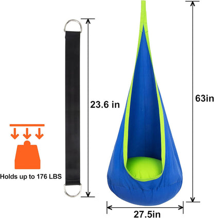 "Blød, udendørs eventyrgynge til børn over 6, lavet af 100% bomuld, med puttepude og sikker fastgørelse, i grøn nuance."