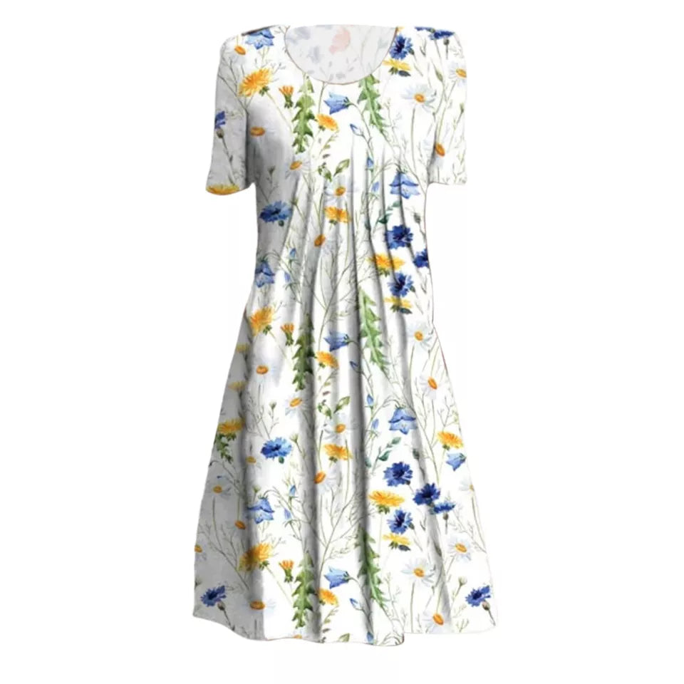 "Blomstret sommer midi kjole, let stof, afslappet pasform, lommer, feminint design, perfekt til varme dage"