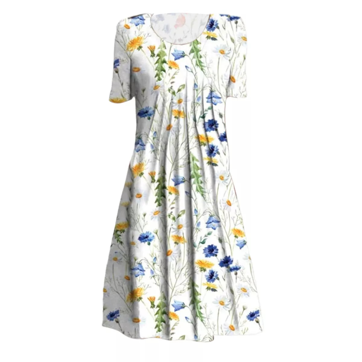 "Blomstret sommer midi kjole, let stof, afslappet pasform, lommer, feminint design, perfekt til varme dage"