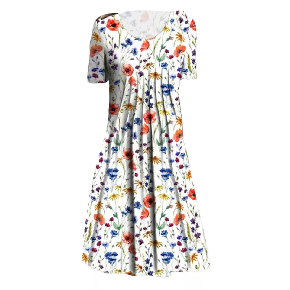 "Blomstret sommer midi kjole, let stof, afslappet pasform, lommer, feminint design, perfekt til varme dage"