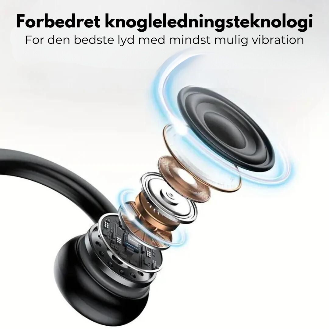 "Bone conduction hovedtelefoner i sort, med komfortabel bag-øret design, ideel til sikker lytning ved udendørs aktiviteter."