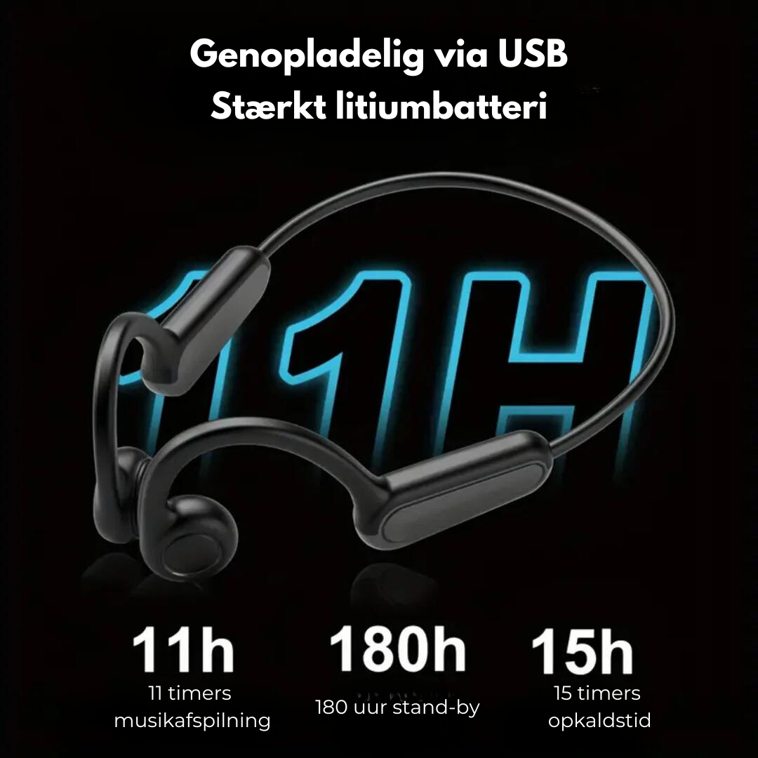 "Bone conduction hovedtelefoner i sort, med komfortabel bag-øret design, ideel til sikker lytning ved udendørs aktiviteter."