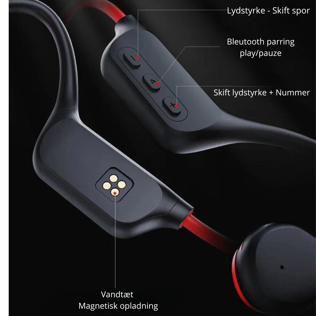 "Bone conduction hovedtelefoner i sort, med komfortabel bag-øret design, ideel til sikker lytning ved udendørs aktiviteter."