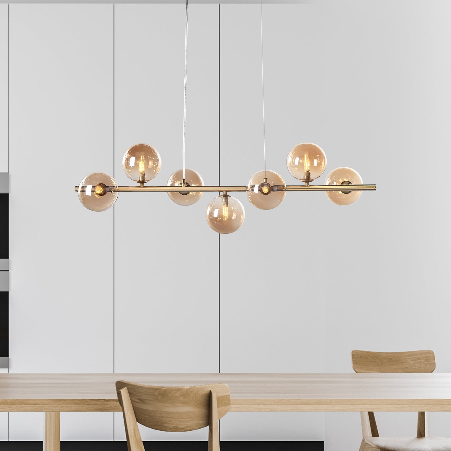 "Bubbles langbordspendel 90cm med ravfarvede glaskupler, messingstel, elegant design og justerbar højde for spisestue"