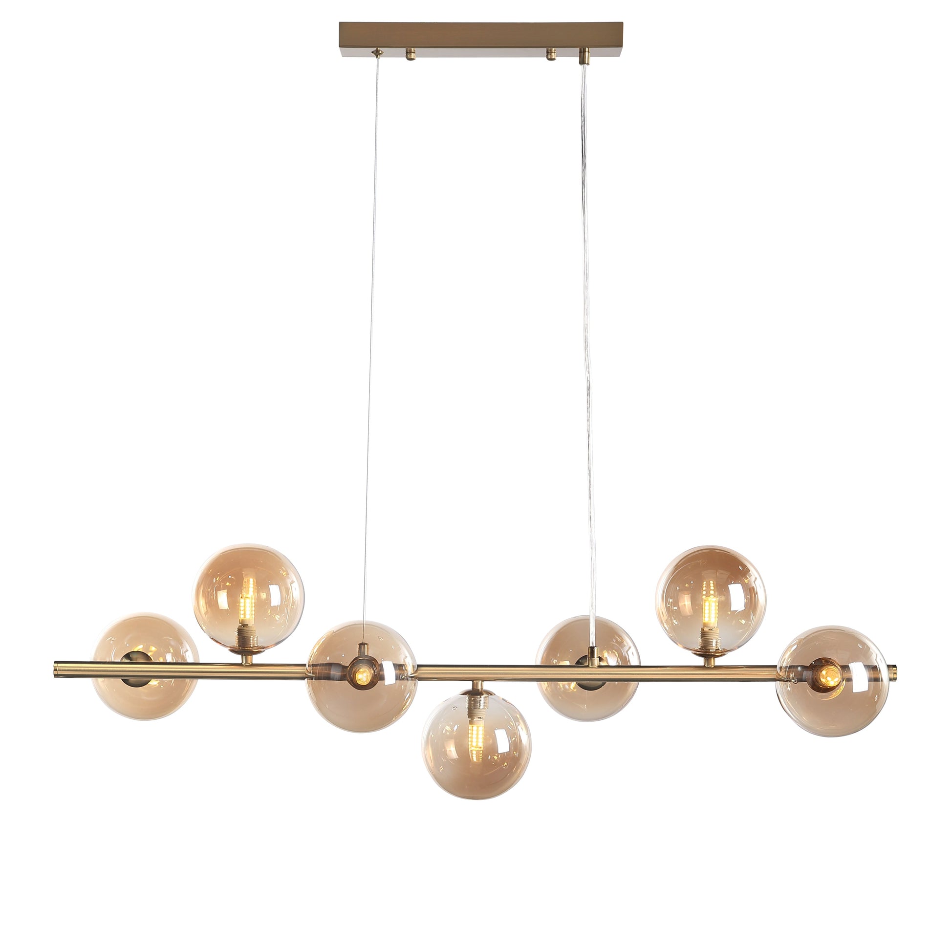 "Bubbles langbordspendel 90cm med ravfarvede glaskupler, messingstel, elegant design og justerbar højde for spisestue"