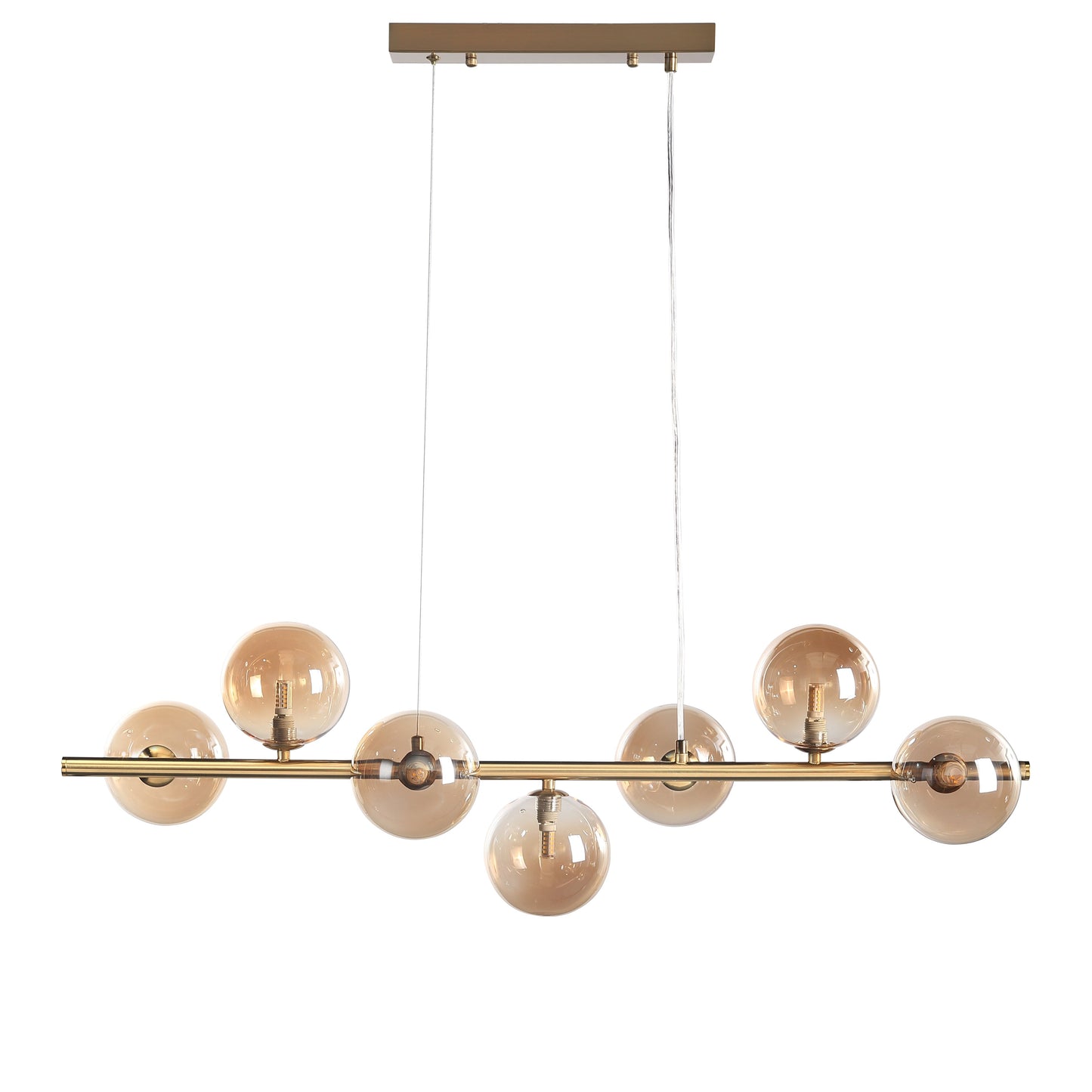 "Bubbles langbordspendel 90cm med ravfarvede glaskupler, messingstel, elegant design og justerbar højde for spisestue"