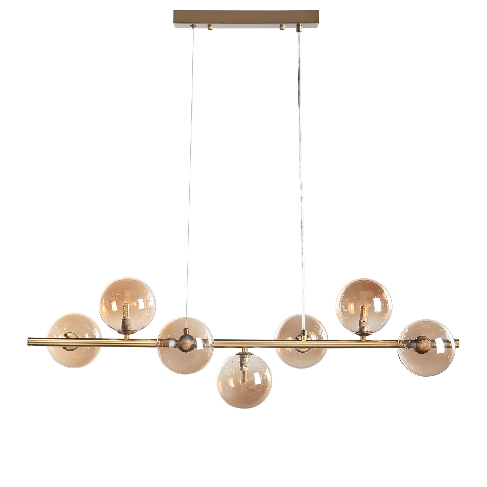 "Bubbles langbordspendel 90cm med ravfarvede glaskupler, messingstel, elegant design og justerbar højde for spisestue"