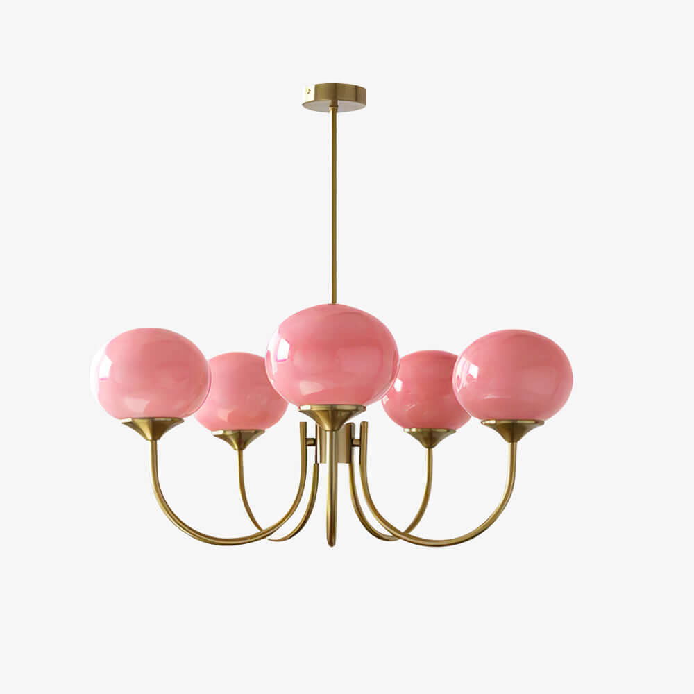 Elegant Lysekrone med Gyldne Detaljer & Lyserøde Glasskærme