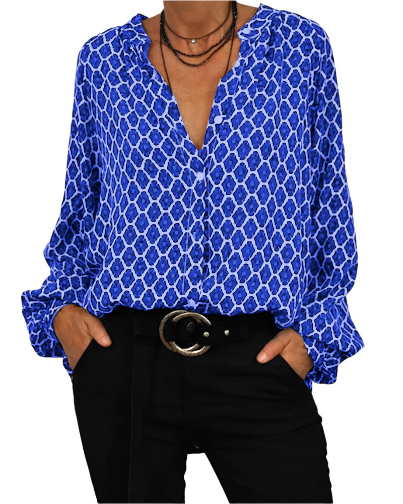 Dame skjorte med pufærmer, geometrisk mønster, V-udskæring. Stilfuld og komfortabel til enhver lejlighed, sort, rød, blå.