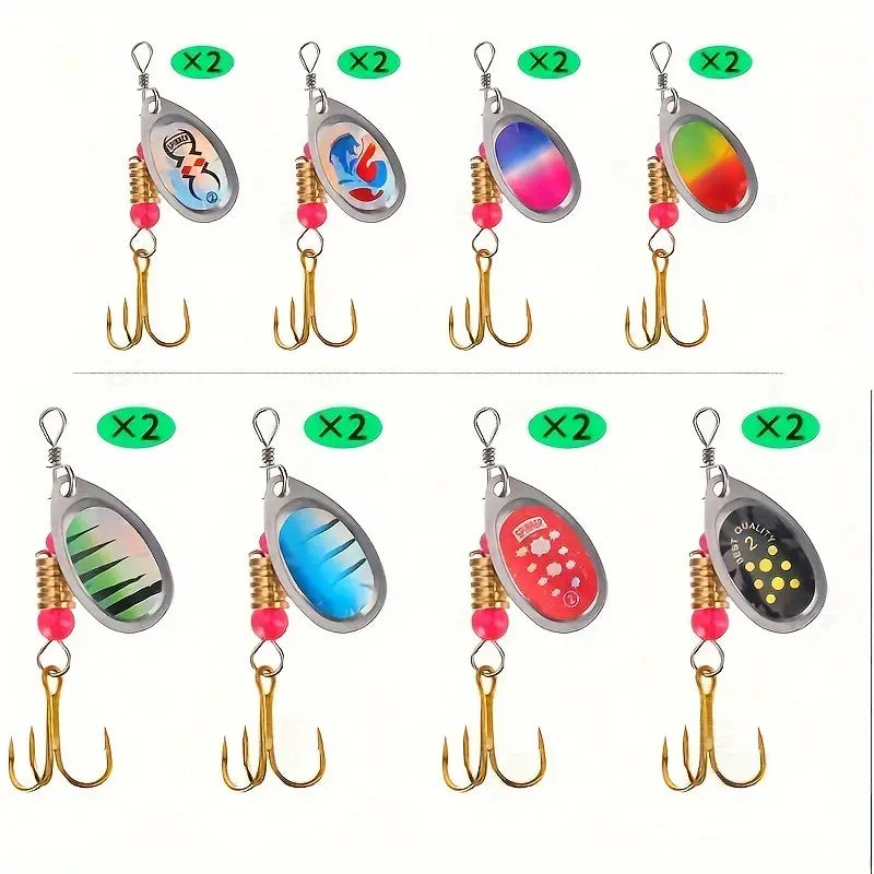 "Deluxe lokkesæt til predatorfiskeri med 16 farverige spinnere og praktisk opbevaringsmappe for optimal fangst."