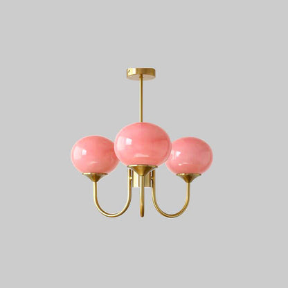 Elegant Lysekrone med Gyldne Detaljer & Lyserøde Glasskærme