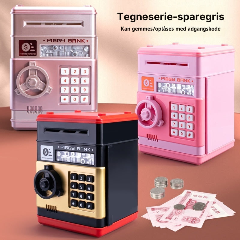 "Digital sparegris til børn med kode, automatisk seddeloptagelse, farverigt design som en hæveautomat, lærerigt og sjovt."