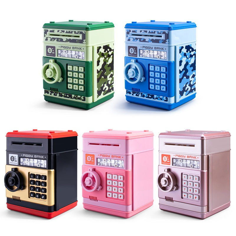 "Digital sparegris til børn med kode, automatisk seddeloptagelse, farverigt design som en hæveautomat, lærerigt og sjovt."