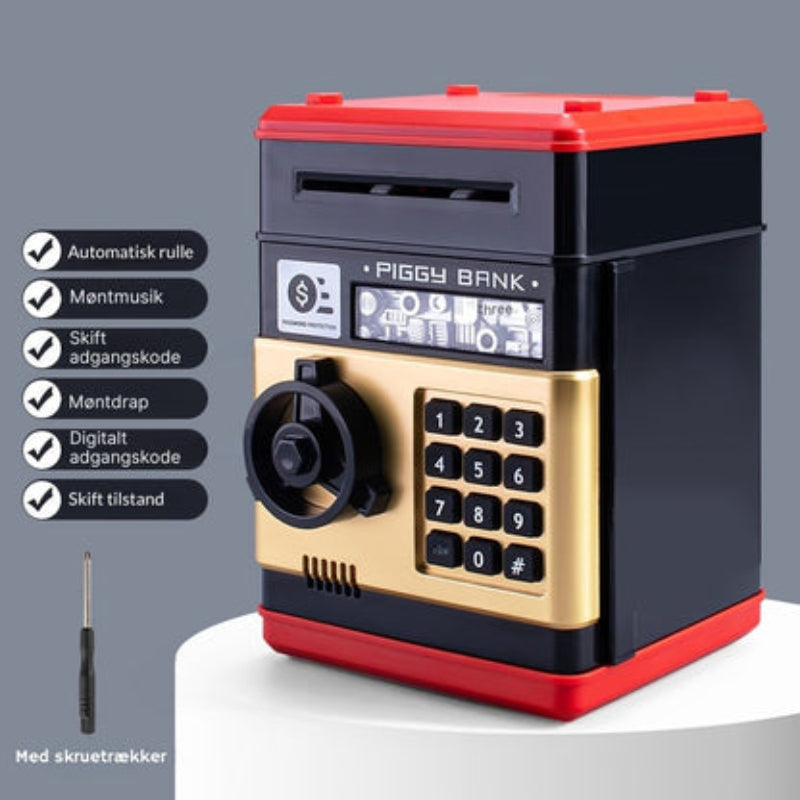 "Digital sparegris til børn med kode, automatisk seddeloptagelse, farverigt design som en hæveautomat, lærerigt og sjovt."