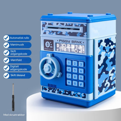 "Digital sparegris til børn med kode, automatisk seddeloptagelse, farverigt design som en hæveautomat, lærerigt og sjovt."