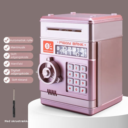 "Digital sparegris til børn med kode, automatisk seddeloptagelse, farverigt design som en hæveautomat, lærerigt og sjovt."