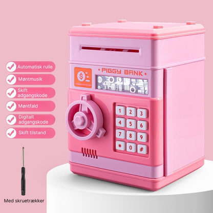 "Digital sparegris til børn med kode, automatisk seddeloptagelse, farverigt design som en hæveautomat, lærerigt og sjovt."