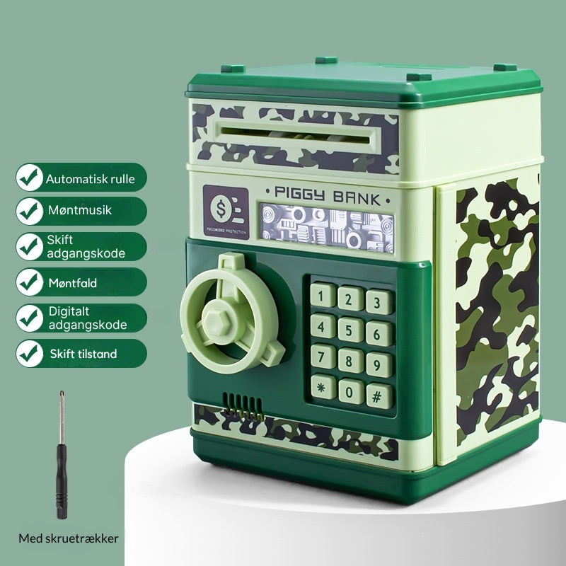 "Digital sparegris til børn med kode, automatisk seddeloptagelse, farverigt design som en hæveautomat, lærerigt og sjovt."