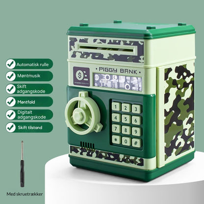 "Digital sparegris til børn med kode, automatisk seddeloptagelse, farverigt design som en hæveautomat, lærerigt og sjovt."