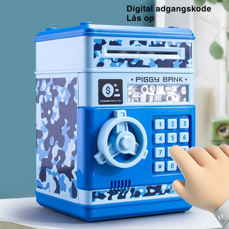 "Digital sparegris til børn med kode, automatisk seddeloptagelse, farverigt design som en hæveautomat, lærerigt og sjovt."