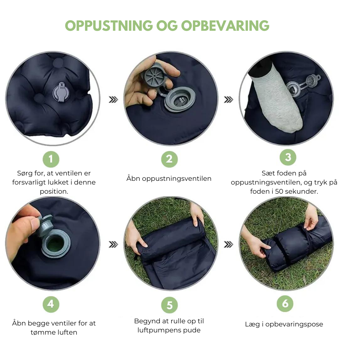 "Dobbelt oppustelig madras i armygrøn, let og bærbar med indbygget pudepumpe, ideel til camping og rejser"