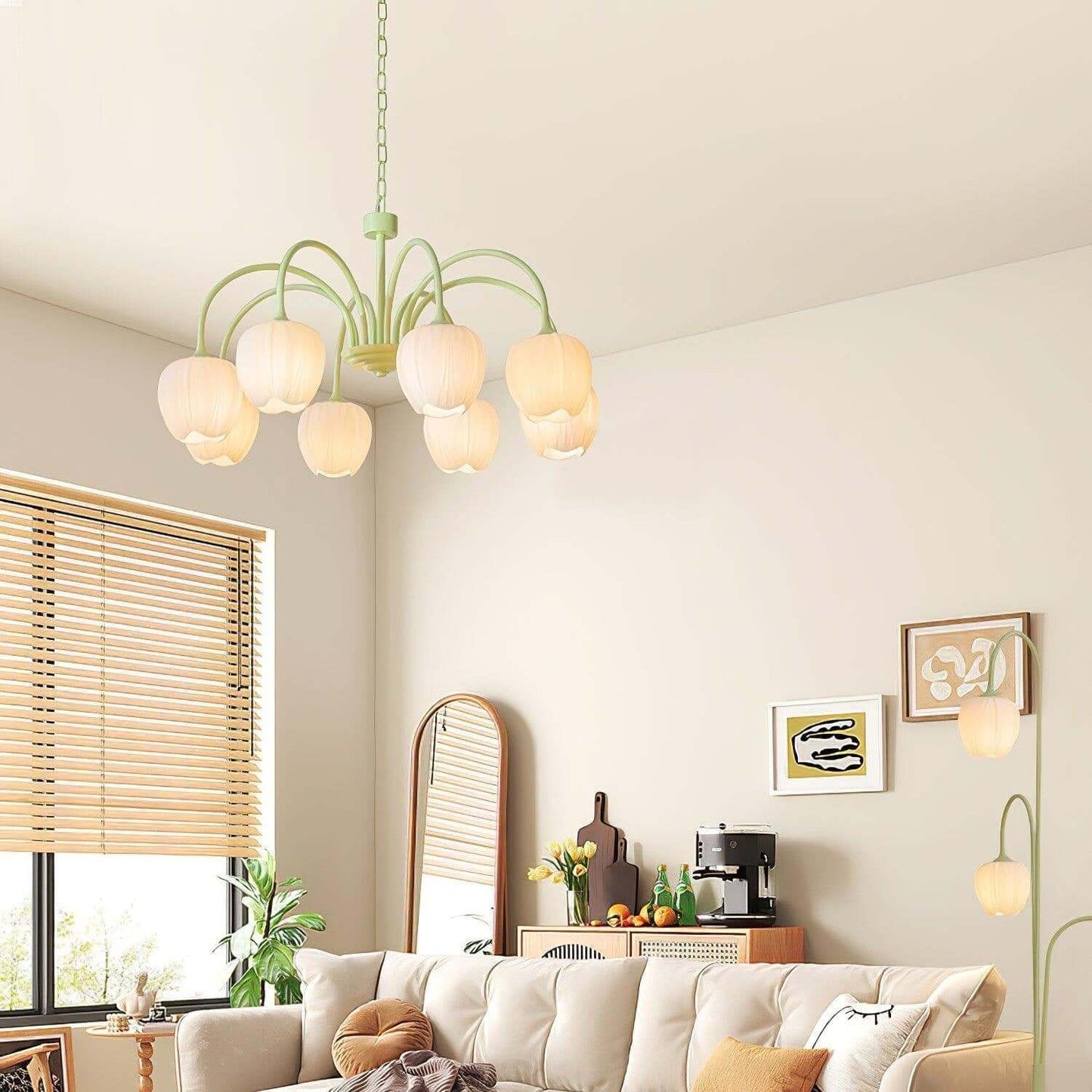 Elegant Matcha Lysekrone i Tulipandesign