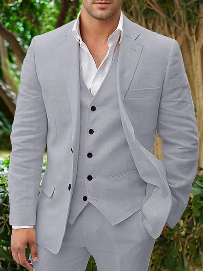 "Elegant 3-delt herresæt i linned med blazer, vest og bukser, ideel til formelle og afslappede lejligheder."