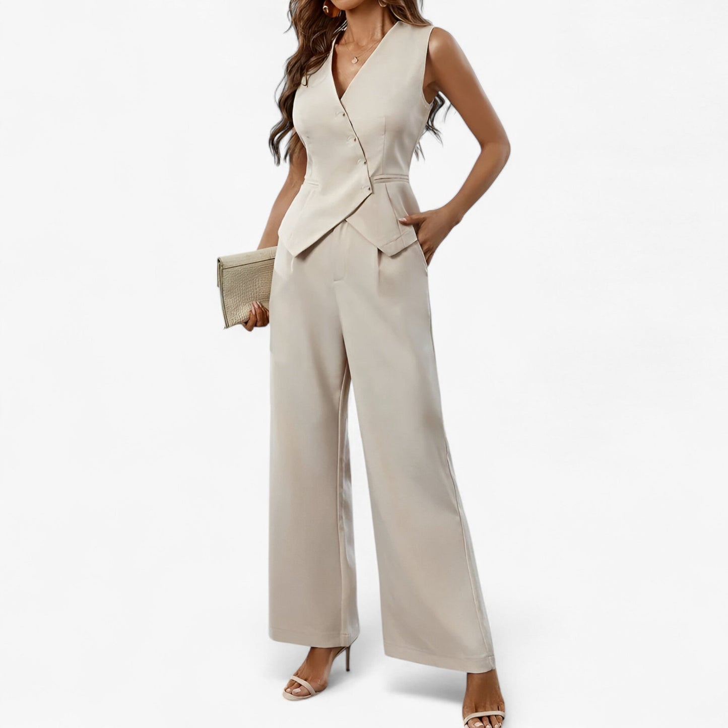 "Elegant ærmeløs jakkesæt i beige til kvinder, tætsiddende silhuet, moderne og tidløs stil til business eller fest."