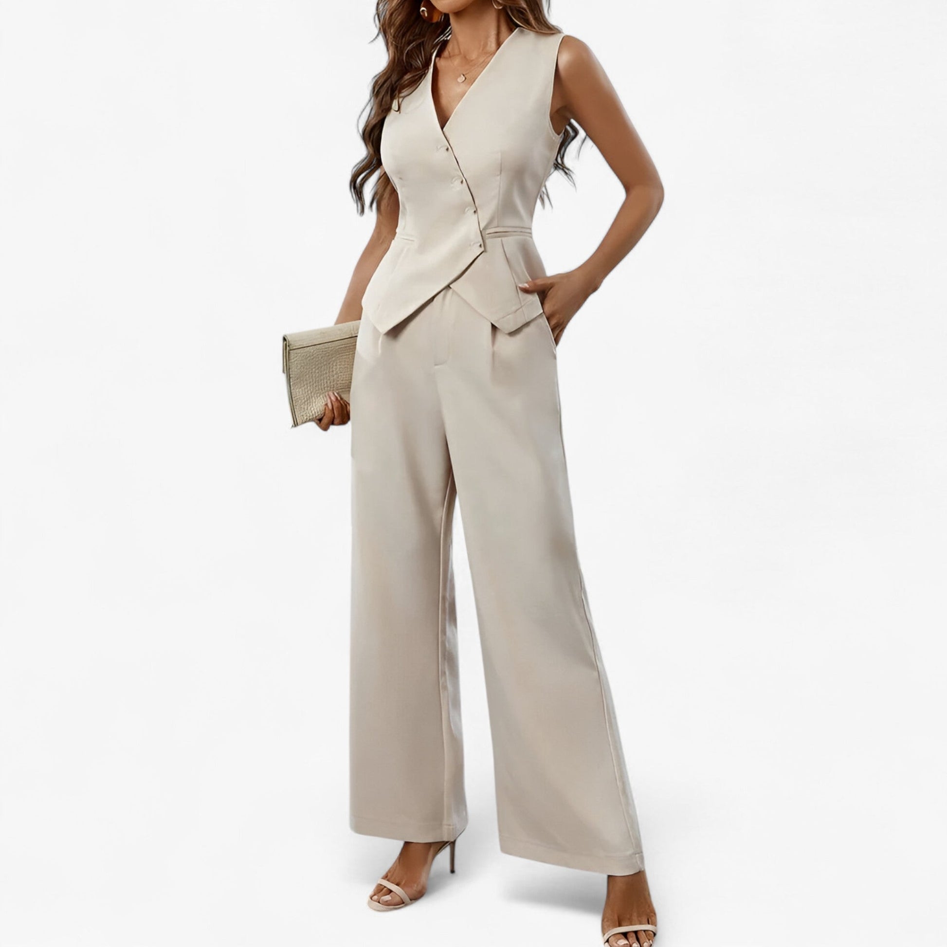 "Elegant ærmeløs jakkesæt i beige til kvinder, tætsiddende silhuet, moderne og tidløs stil til business eller fest."