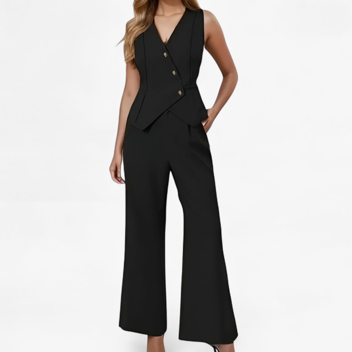 "Elegant ærmeløs jakkesæt i beige til kvinder, tætsiddende silhuet, moderne og tidløs stil til business eller fest."