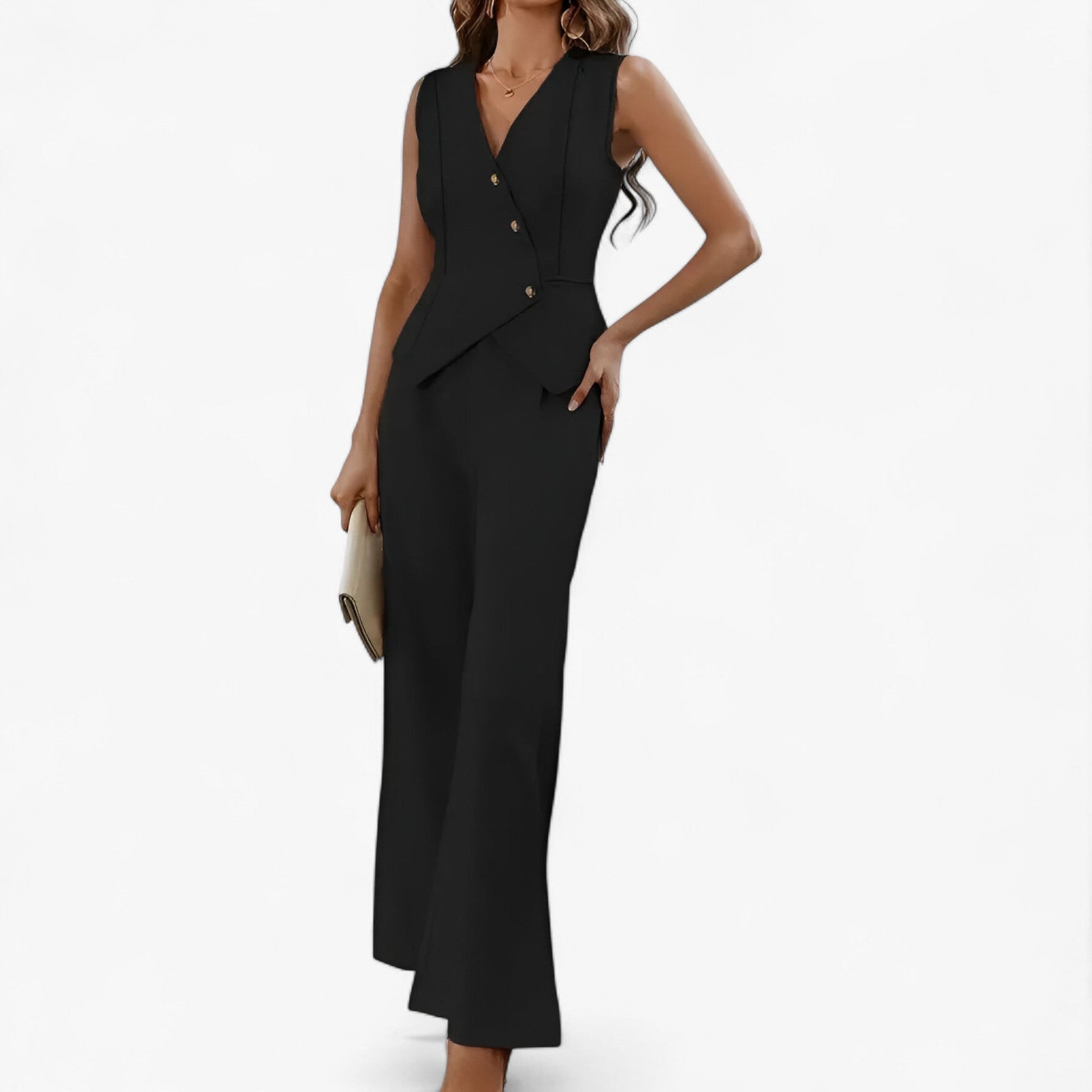 "Elegant ærmeløs jakkesæt i beige til kvinder, tætsiddende silhuet, moderne og tidløs stil til business eller fest."