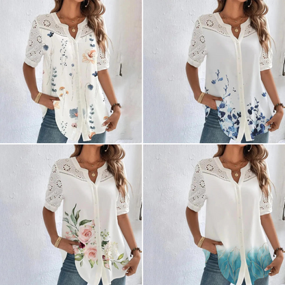 "Elegant bluse med blomsterprint, knaplukning og blondeærmer for et sofistikeret og feminint look"