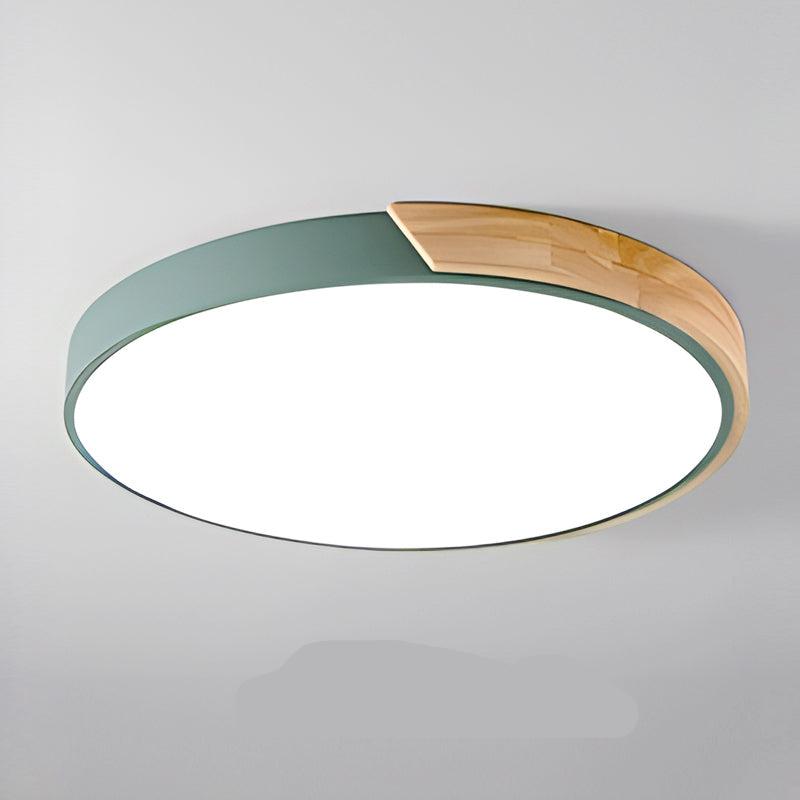 Elegant cirkulær LED-loftslampe i træ med nordisk design, honningkageform og varm belysning til soveværelse/altan.