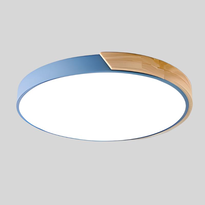 Elegant cirkulær LED-loftslampe i træ med nordisk design, honningkageform og varm belysning til soveværelse/altan.