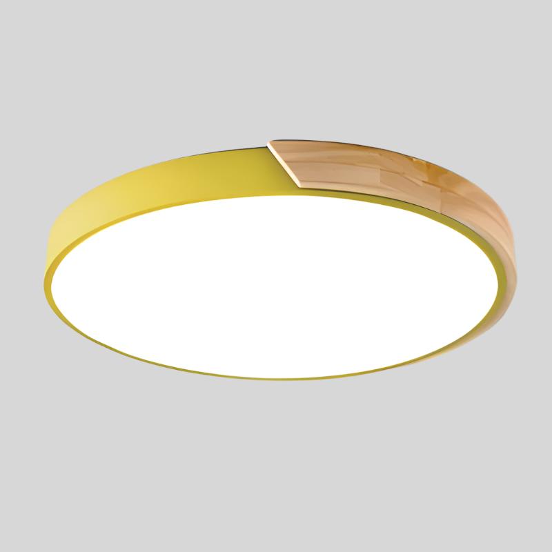 Elegant cirkulær LED-loftslampe i træ med nordisk design, honningkageform og varm belysning til soveværelse/altan.