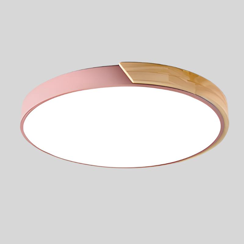 Elegant cirkulær LED-loftslampe i træ med nordisk design, honningkageform og varm belysning til soveværelse/altan.