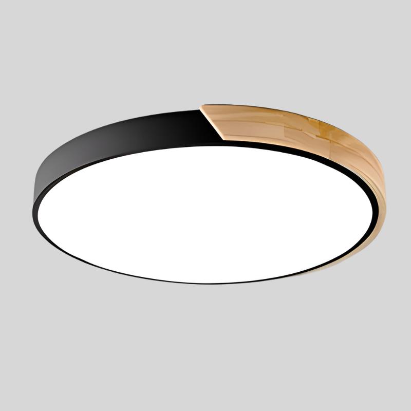 Elegant cirkulær LED-loftslampe i træ med nordisk design, honningkageform og varm belysning til soveværelse/altan.