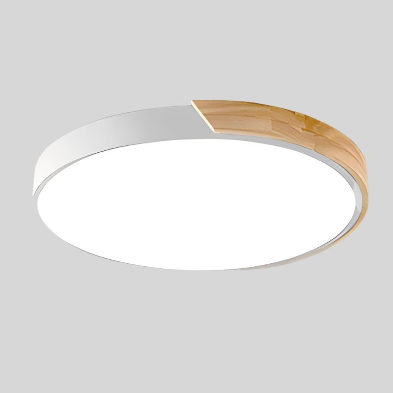 Elegant cirkulær LED-loftslampe i træ med nordisk design, honningkageform og varm belysning til soveværelse/altan.