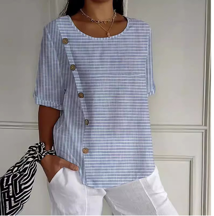 "Elegant dame skjorte i let bomuld og linned, button down design, ideel til både hverdag og festlige lejligheder."