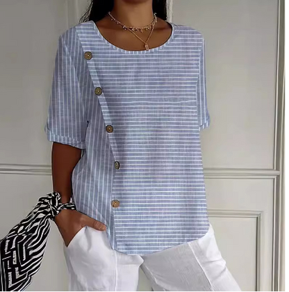 "Elegant dame skjorte i let bomuld og linned, button down design, ideel til både hverdag og festlige lejligheder."