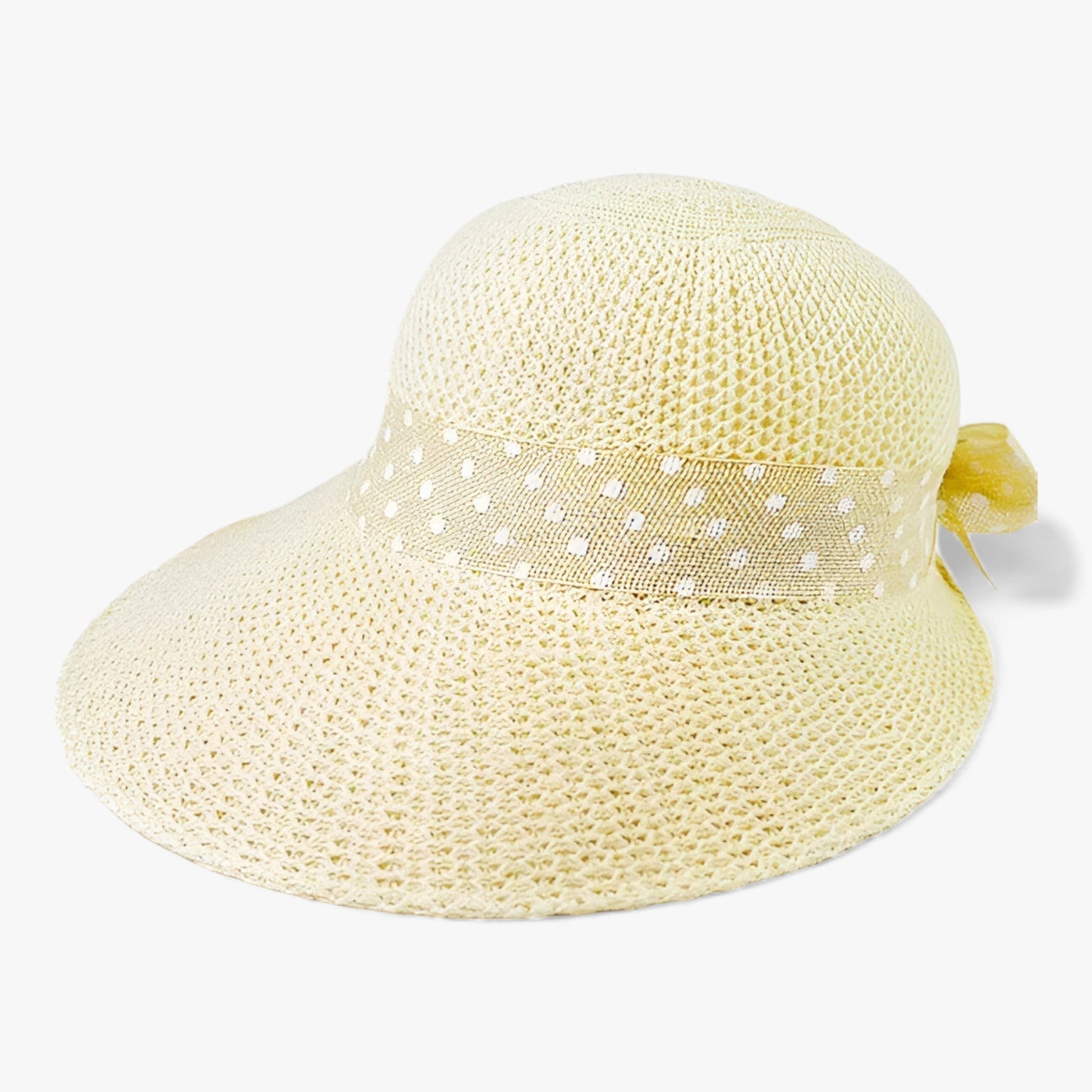 Elegant dame solhat med bred skygge og UV-beskyttelse i åndbart strikmateriale med prikket snorebånd og sløjfe.