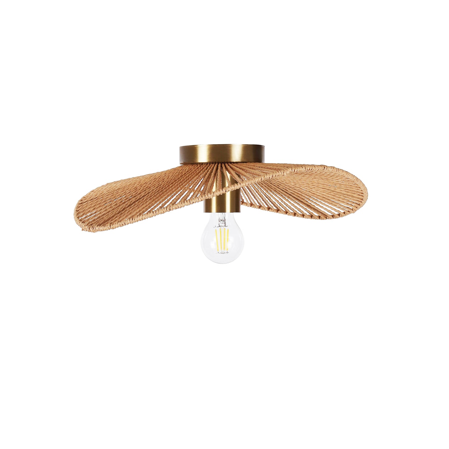 "Elegant flettet Wave loftlampe i natur brun over spisebord i moderne indretning, Ø40 cm, unik tekstur, stemningsfuld belysni