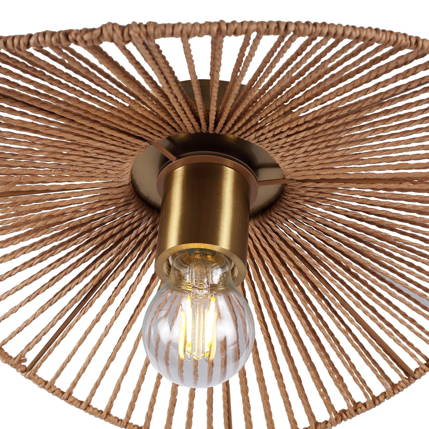 "Elegant flettet Wave loftlampe i natur brun over spisebord i moderne indretning, Ø40 cm, unik tekstur, stemningsfuld belysni