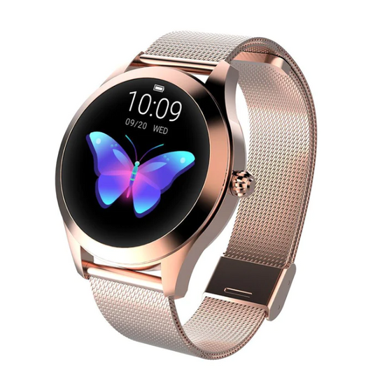 "Elegant Galaxy smartwatch til kvinder med metalrem i roseguld, 40mm urskive, sundhedsfunktioner og notifikationer."